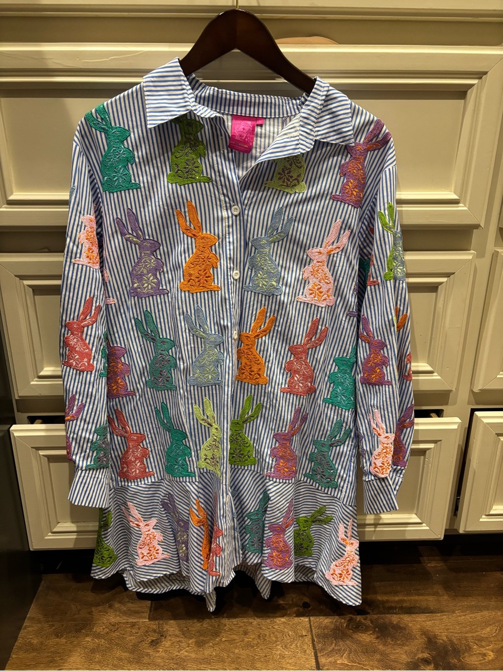 Queen of Sparkles Button-Down Shirt Dress with Multicolor Bunny Embroidery, M